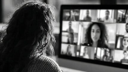 Woman Participating in Virtual Meeting with Diverse Colleagues Online