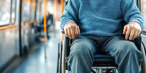 Senior man in wheelchair riding on public bus. Social life of disabled people concept.