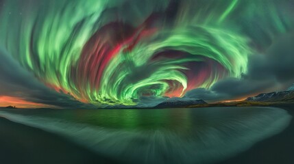 Arctic Aurora Borealis over a Calm Beach at Sunset