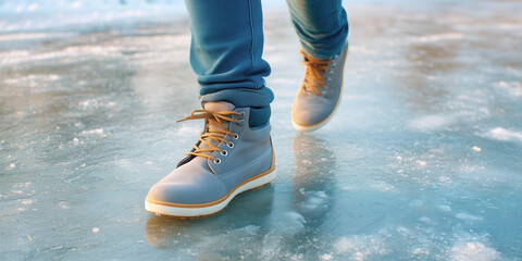 A man walks carefully across white ice. Danger of falling on slippery surfaces in winter.