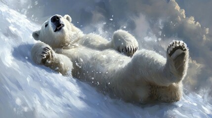 Arctic bear relaxing on snowy slope, dramatic sky background