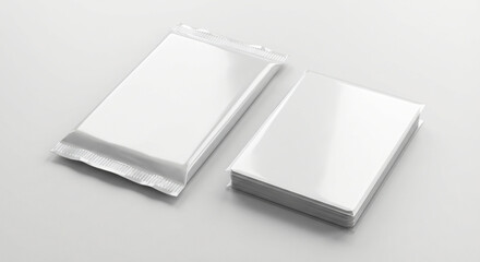 Two stacks of blank white rectangular items, one partially unwrapped, on a light background.