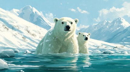 Arctic bears wading in a glacial stream, snowy mountains in the background
