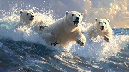 Arctic bears playing in waves; sunrise over ocean