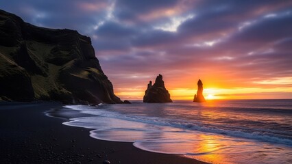Black sand beach landscape at sunset, featuring rock formations, water, and cloudy skies