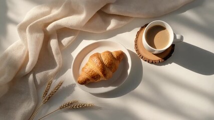 Golden Croissant and Coffee on White Table with Cozy Morning Light