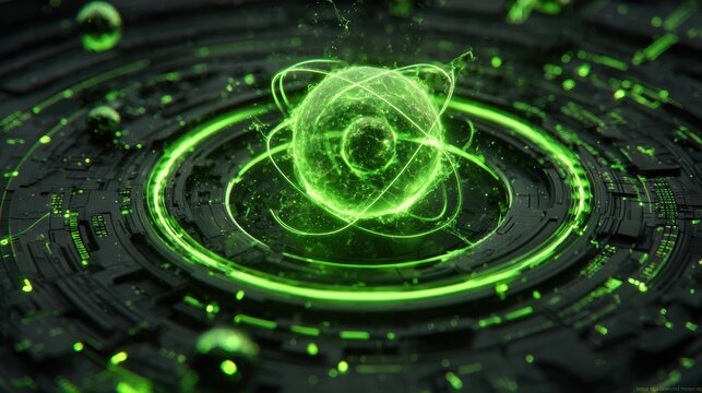 Dynamic atomic visualization futuristic lab digital art sci-fi environment close-up view quantum mechanics concept
