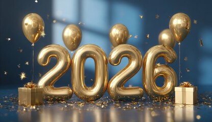 Golden 2026 Numbers Balloons with Balloons and Gifts Celebrating New Year