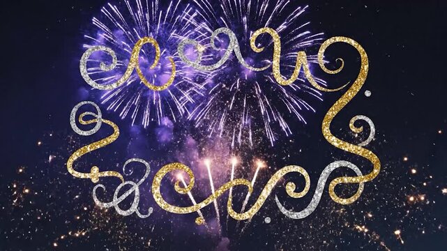 A fireworks display with gold and silver sparkling cursive writing
