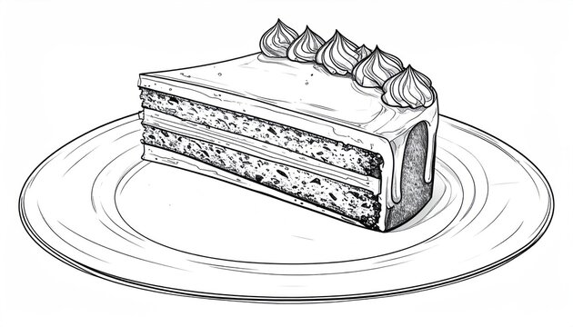 Detailed line art illustration of a slice of cake on a plate.