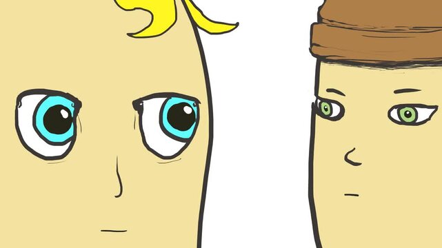 The colorful faces of cartoon characters are talking about something.