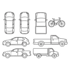 Vehicle Elevation & Top View Flat Vector Collection for Architecture