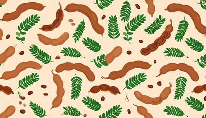 Seamless Pattern with Tamarind Pods and Leaves, Generative AI