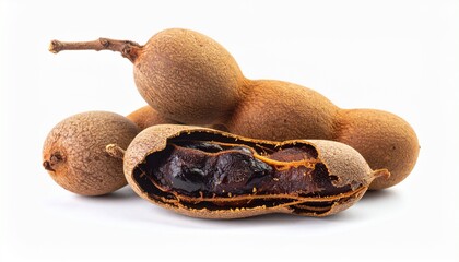 Tamarind Cluster Pods with Opened Fruit on White, Generative AI