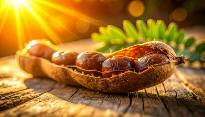 Close-up View of Tamarind Pod and Fruit on Wood, Generative AI