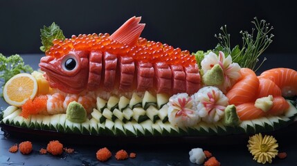 Artistic fish-shaped sushi platter, elaborate design, dark background, colorful garnishes