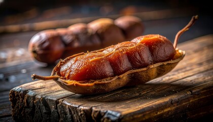 Exposed Tamarind Pod Pulp and Fiber on Wood, Generative AI