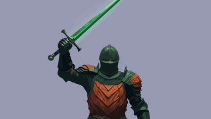 Fototapeta premium Knight in shining armor wielding a glowing green sword.