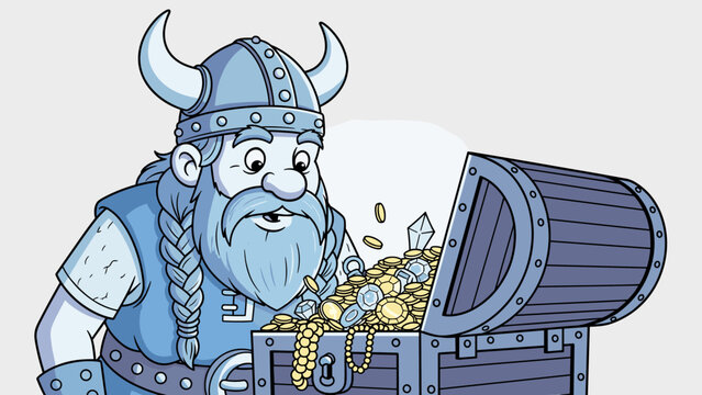 Viking discovers treasure chest filled with gold coins and gems.