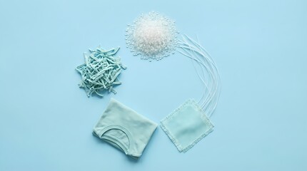Textural Materials Mix on Blue Background: White Flakes, Teal Granules, Pearl Beads, Soft Fabric