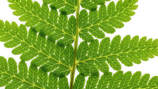 green fern leaf with intricate veins on white