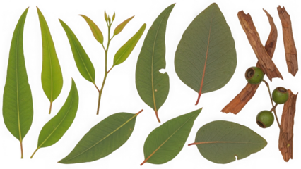 Green leaves and twigs with small green berries on white