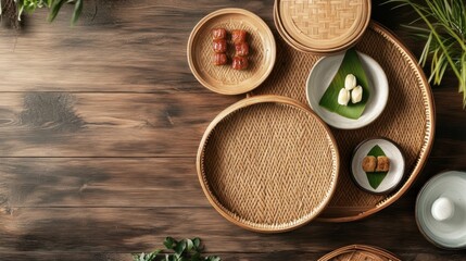 Asian food display on wooden trays, plants in background