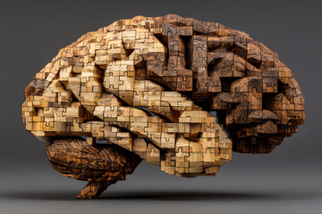 Brain shape made from wooden puzzle blocks. Logical thinking side of the brain. Generative ai