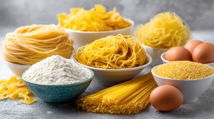 Various kinds of pasta and ingredients are displayed on a table in a kitchen. Bowls contain spaghetti fettuccine and flour along with eggs and grains.