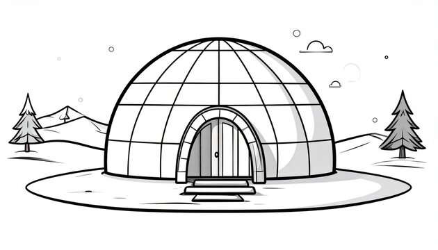 Detailed line art illustration of an igloo in a landscape.
