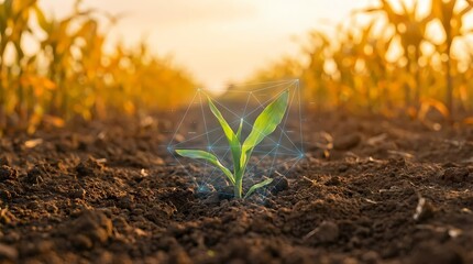 Seedling with Energetic Glow in Rich Farmland Under Golden Sky