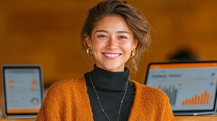 Smiling Young Woman in Cozy Sweater with Digital Devices in Office