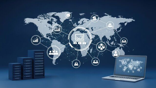 Data network depicted world map overlaid with connected icons, servers, and laptop - Powered by Adobe