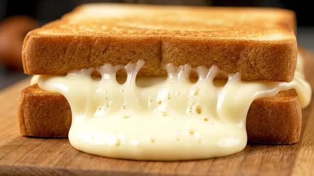 A close-up of a grilled cheese sandwich with melted cheese overflowing