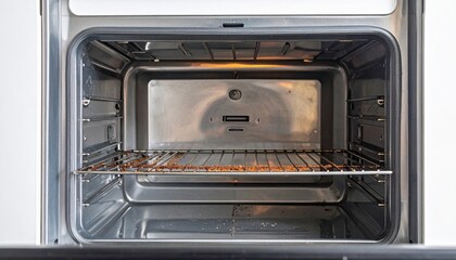 Dirty stainless steel oven interior showing burnt food debris residue stuck onto the metal wire rack needing intense cleaning and degreasing maintenance for household hygiene