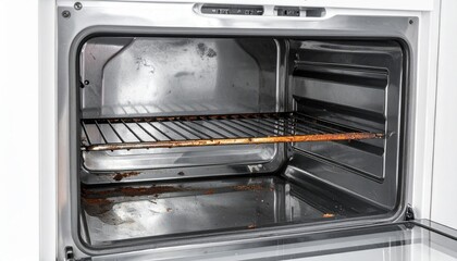 Obraz premium Close up view inside a very dirty electric oven cavity showing significant baked on grease and heavy grime accumulation on the bottom and the metal rack.