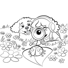 Black and White Line Art of Little Girl Exploring Nature With Dog