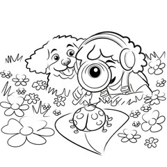 Hand Sketch of Little Girl Exploring Nature With Dog - Transparent Line Art Illustration
