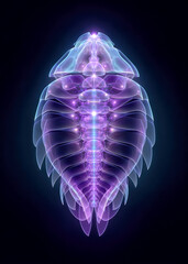 Exploring the beauty of a mystical creature, this artwork reveals its delicate structure and glowing hues in a dark environment. The play of light adds a magical touch to the design.