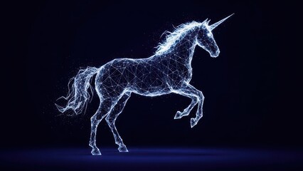 Digital rendering of a unicorn prancing, made of interconnected glowing dots against a dark backdrop