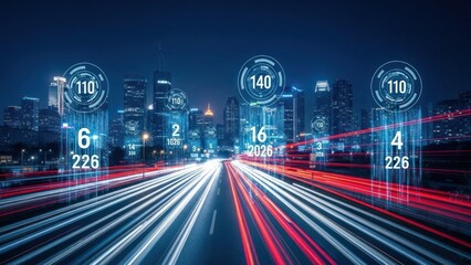 Digital overlay on a city at night with vehicle speed data