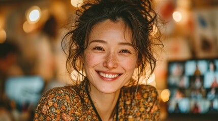 Cheerful young woman with natural beauty and freckles in soft light