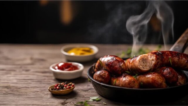 Grilled sausages in pan with condiments on wooden table