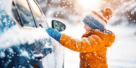 A child cleaning snow from car. Winter family responsibility concept.