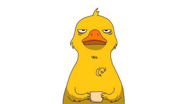 Funny Cartoon Duck Holding Coffee Mug with Tired Expression