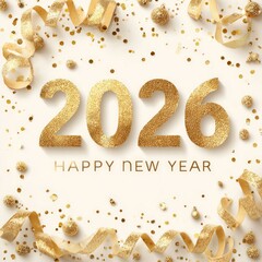 Golden Glitter Number 2026 With Confetti and Ribbons Celebrating New Year