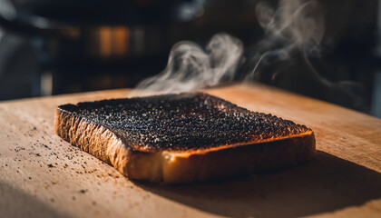 Burnt toast slices with smoke rising on wooden board breakfast