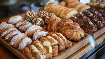 Assorted baked goods on display in a bakery storefront