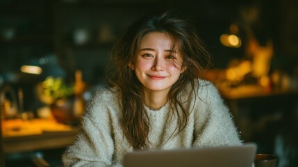 Smiling woman with laptop in cozy home environment at dusk