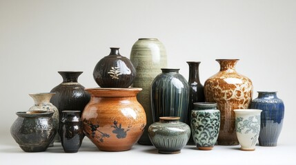 Assorted decorative ceramic vases displayed on a plain background